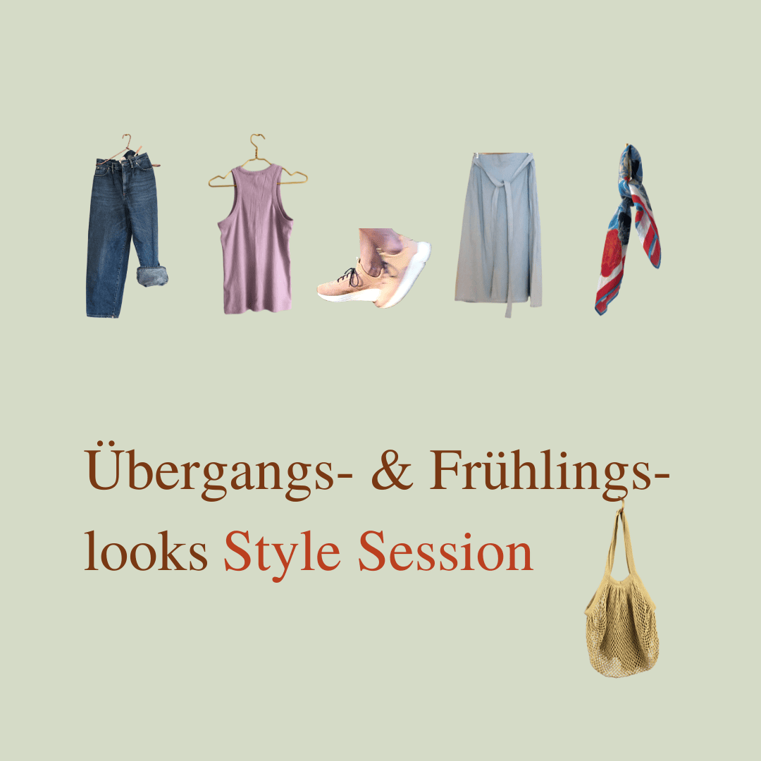 6 Kleidungsstücke für Frühling und den Übergang freigestellt auf helloliv farbenem Hintergrund. Plus Text:Übergangs- & Frühlingslooks Style-Session